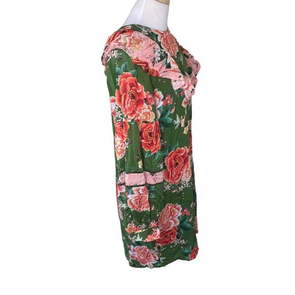 Farm Rio Anthropologie Elinor Tunic Dress Ruffles Long Sleeves Green Pink SMALL - Picture 5 of 14